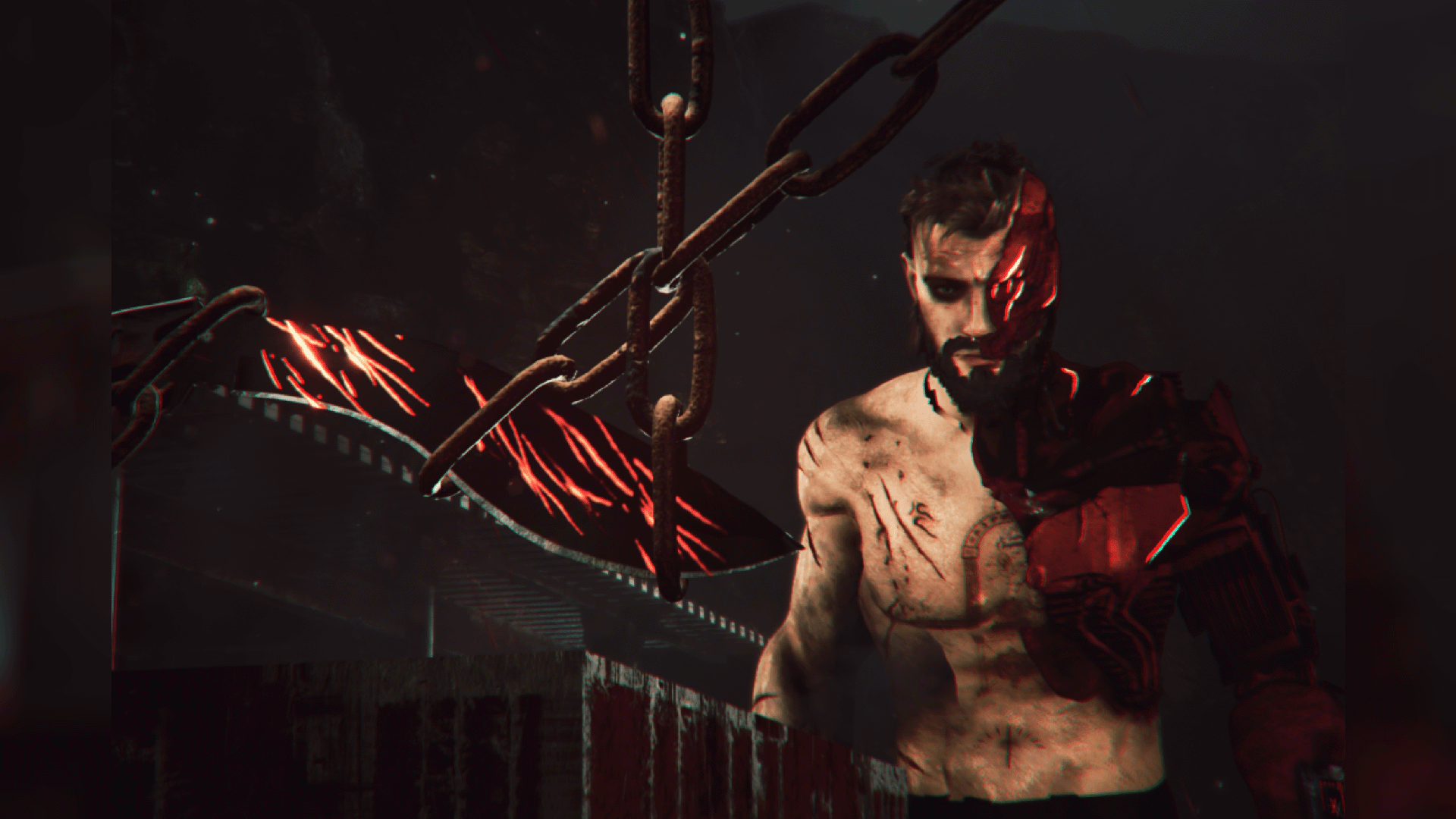 Old Iron Death™ character Mitchell Westfield, half-human half-cyborg, standing in a post-apocalyptic environment with chains