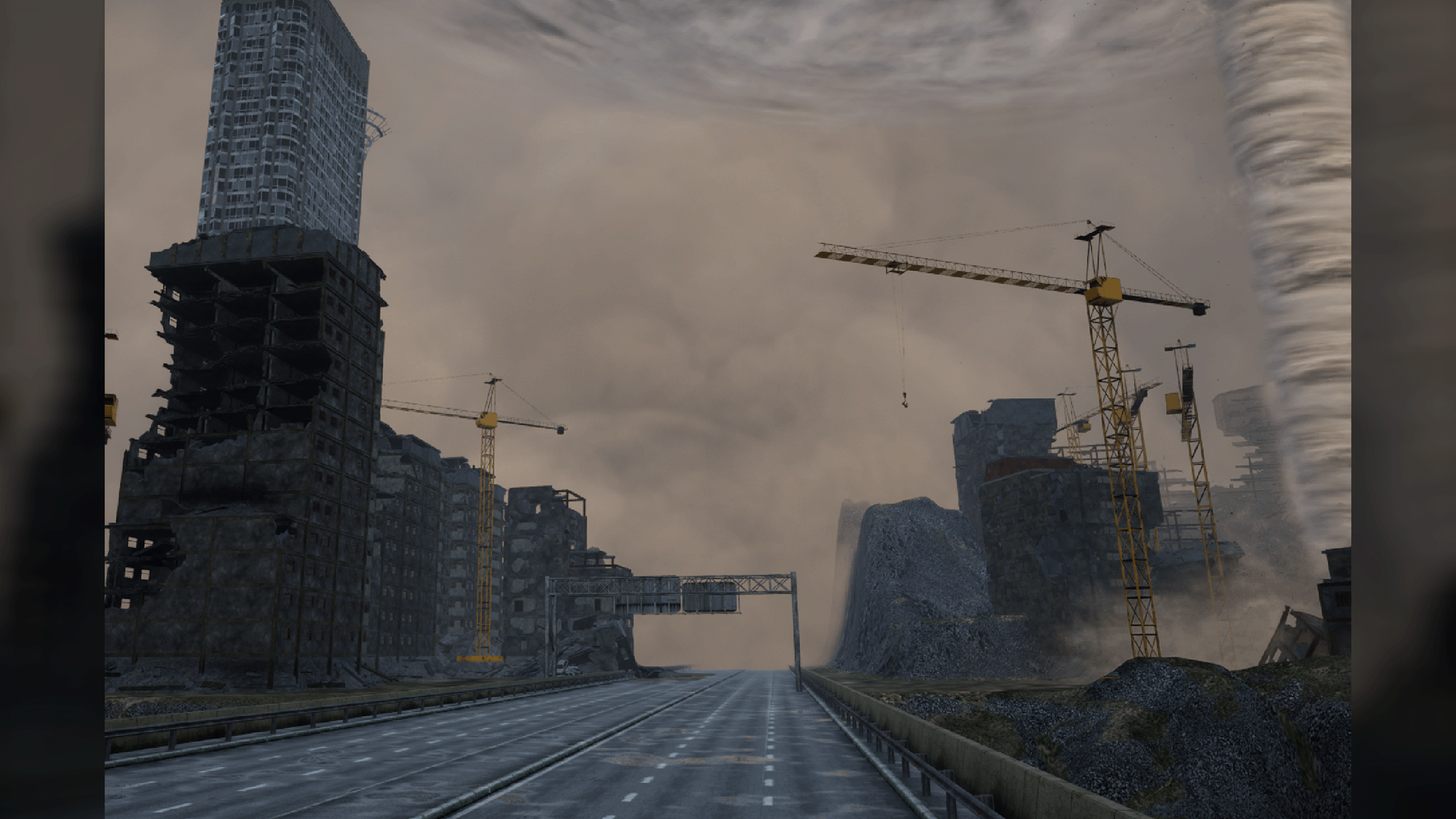 Old Iron Death™ landscape of Gadaara, depicting ruined skyscrapers, abandoned cranes, and a massive approaching tornado