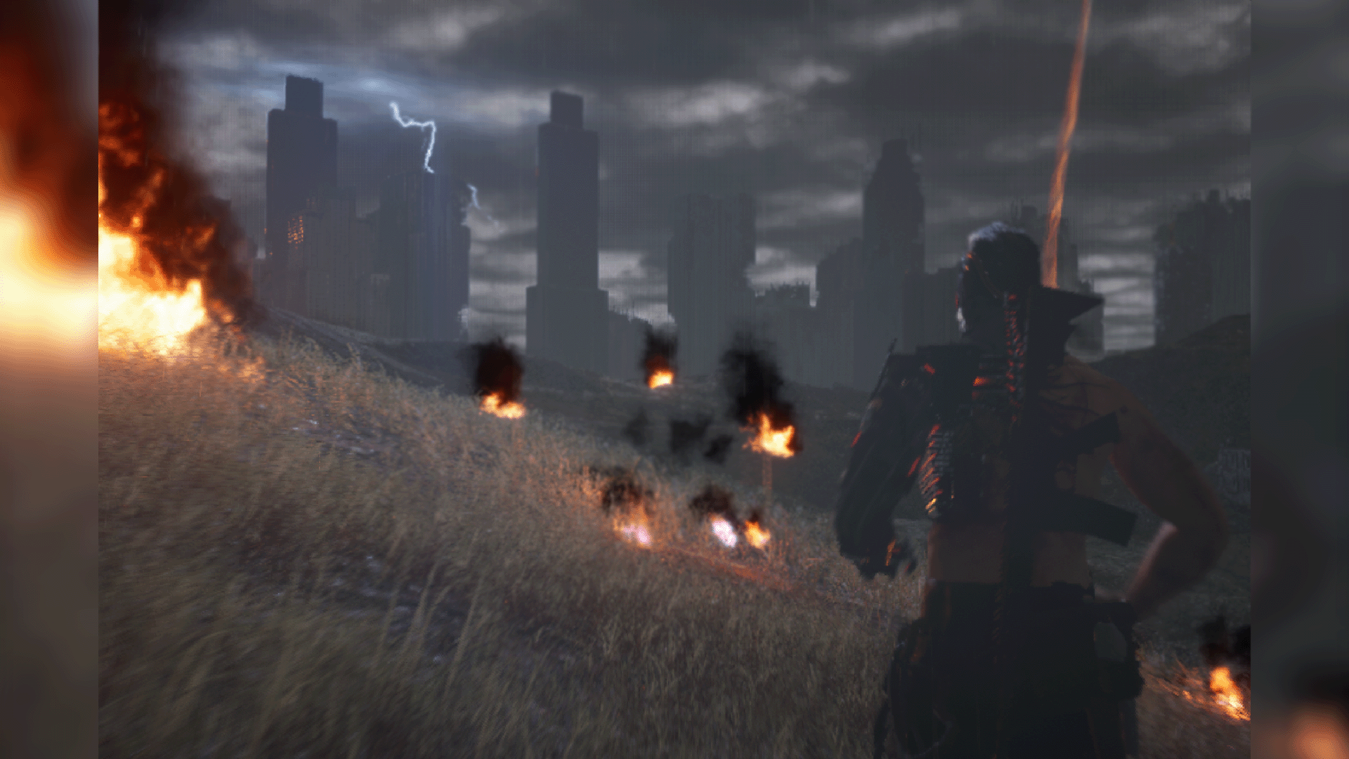 Old Iron Death™ 游戏场景，士兵在燃烧的战场上前进