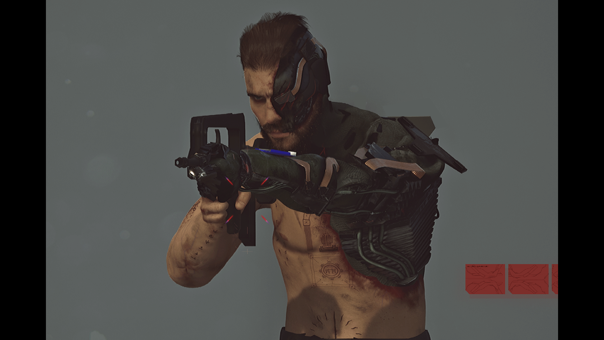 Old Iron Death™ character Mitchell Jack Westfield known as Legend aiming with cybernetic arm and futuristic rifle